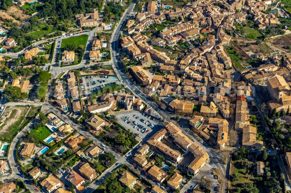 Aerial image Valldemossa - Town View of the streets and houses of the residential areas in Valldemossa in Balearic island of Mallorca, Spain