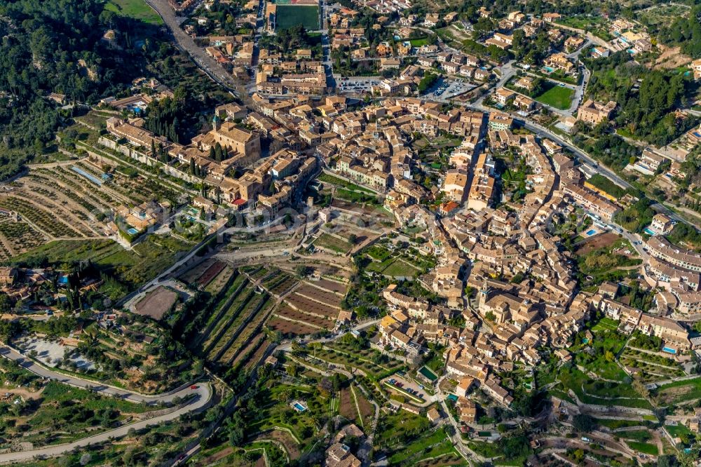 Aerial image Valldemossa - Town View of the streets and houses of the residential areas in Valldemossa in Balearic island of Mallorca, Spain