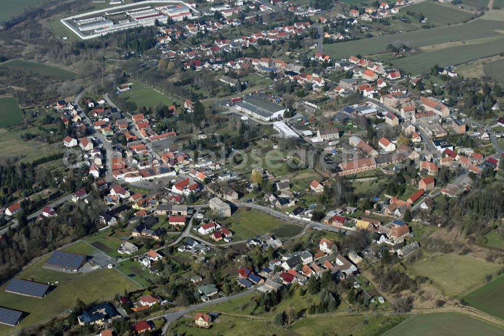 Volkstedt from above - Town View of the streets and houses of the residential areas in Volkstedt in the state Saxony-Anhalt