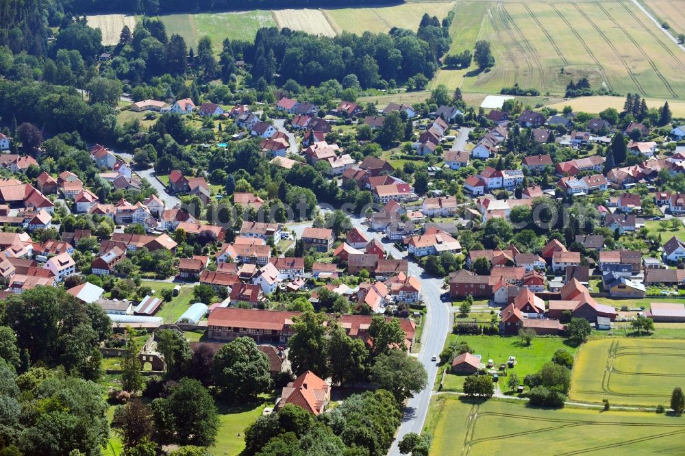 Waake from above - Town View of the streets and houses of the residential areas in Waake in the state Lower Saxony, Germany