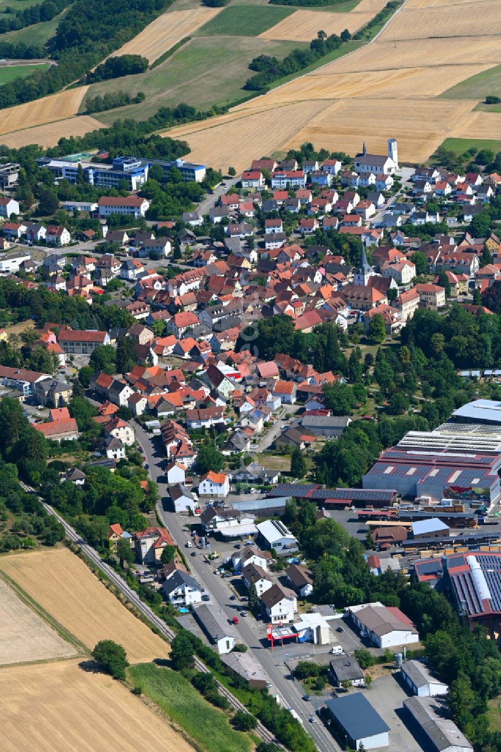 Aerial image Waibstadt - Town View of the streets and houses of the residential areas in Waibstadt in the state Baden-Wuerttemberg, Germany