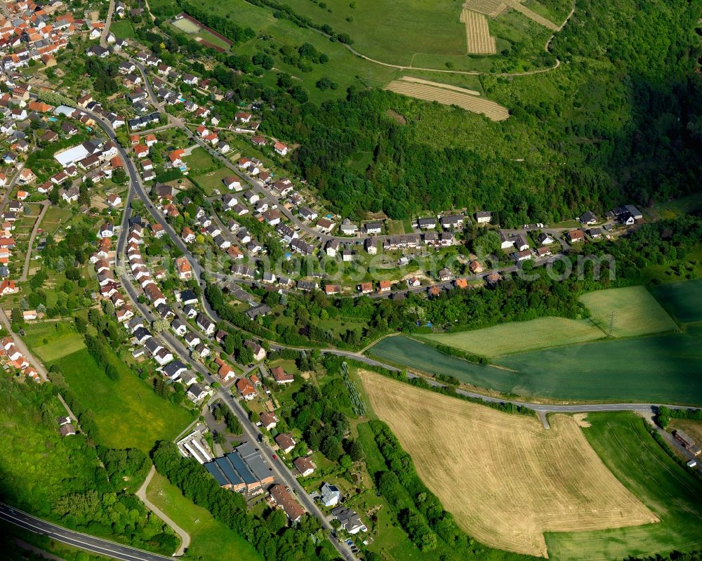 Aerial photograph Waldböckelheim - View of Waldboeckelheim in the state of Rhineland-Palatinate. The tourist resort Waldboeckelheim is a borough and municipiality in the county district of Bad Kreuznach. It is surrounded three inactive volcanos, consists of several smaller hamlets and settlements and is surrounded by agricultural land