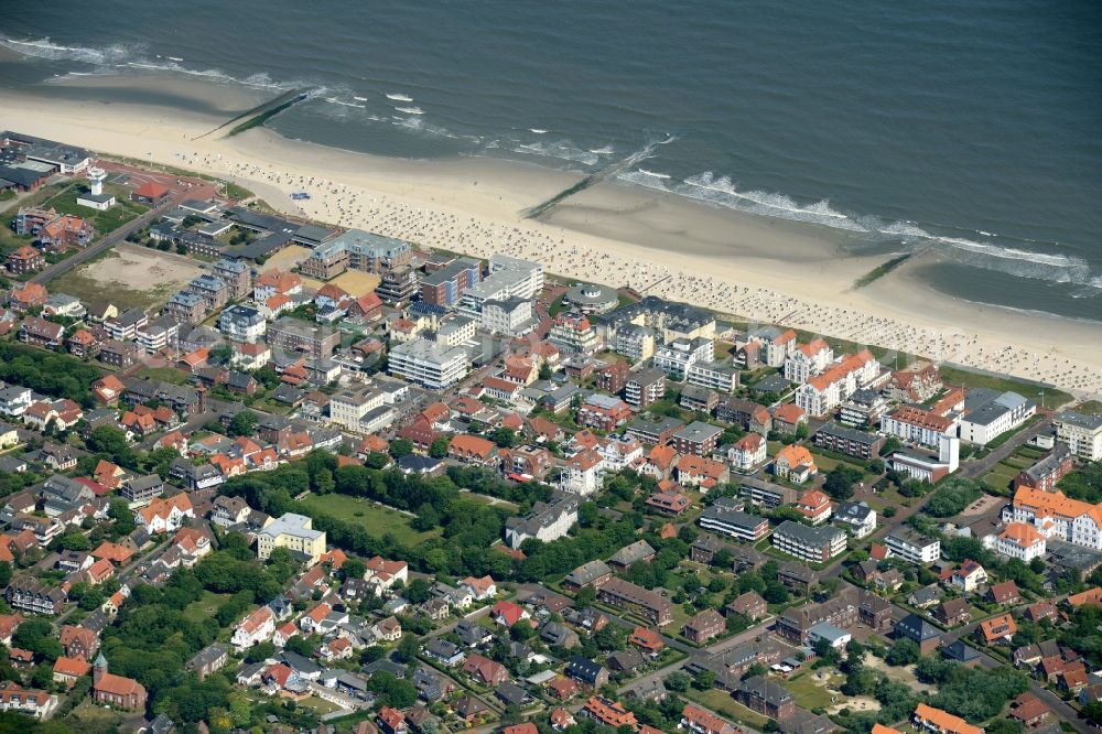 Aerial image Wangerooge - View of the village of Wangerooge with its main beach on the island of the same name in the Wadden Sea of the North Sea in the state of Lower Saxony. Wangerooge is the Eastern-most inhabited of the East Frisian Islands. It has a sand beach and is a spa resort