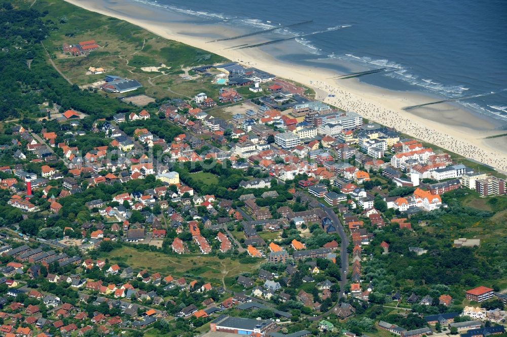 Wangerooge from above - View of the village of Wangerooge on the island of the same name in the Wadden Sea of the North Sea in the state of Lower Saxony. Wangerooge is the Eastern-most inhabited of the East Frisian Islands. It has a sand beach and is a spa resort