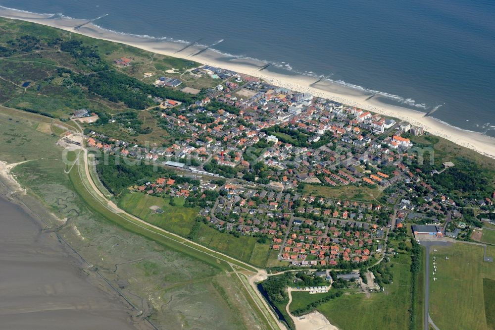 Aerial image Wangerooge - View of the village of Wangerooge on the island of the same name in the Wadden Sea of the North Sea in the state of Lower Saxony. Wangerooge is the Eastern-most inhabited of the East Frisian Islands. It has a sand beach and is a spa resort