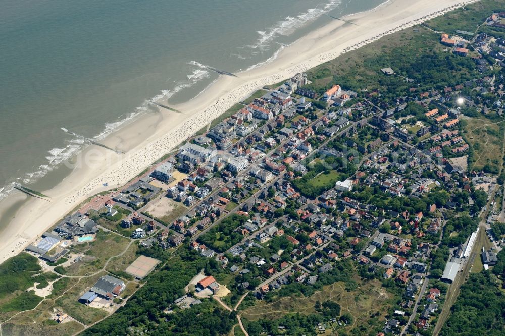 Wangerooge from the bird's eye view: View of the village of Wangerooge on the island of the same name in the Wadden Sea of the North Sea in the state of Lower Saxony. Wangerooge is the Eastern-most inhabited of the East Frisian Islands. It has a sand beach and is a spa resort