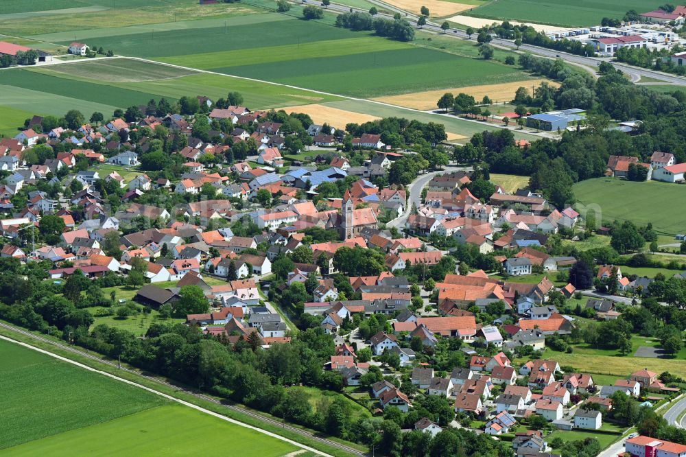 Weichering from the bird's eye view: Town View of the streets and houses of the residential areas in Weichering in the state Bavaria, Germany