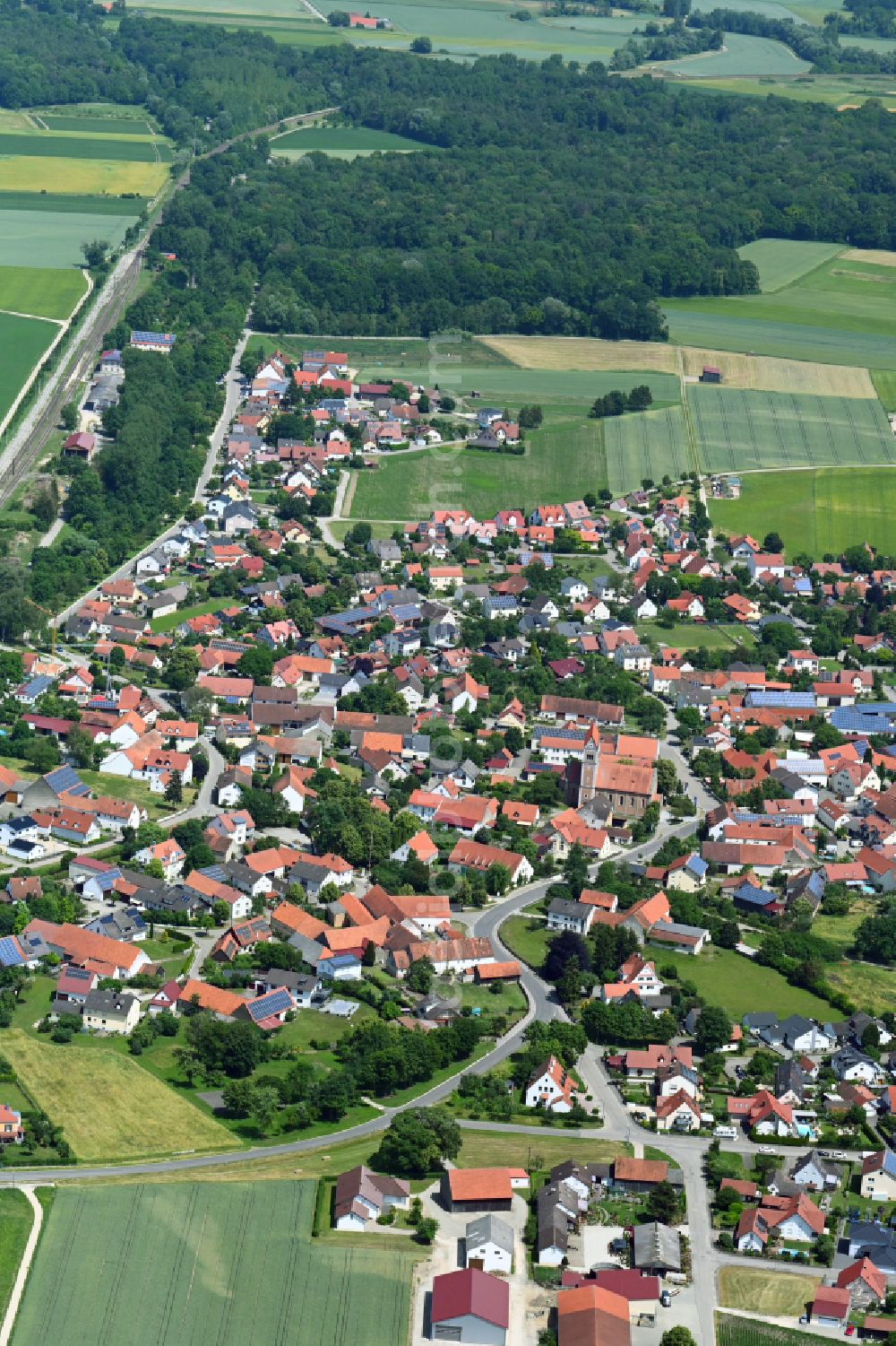 Weichering from the bird's eye view: Town View of the streets and houses of the residential areas in Weichering in the state Bavaria, Germany