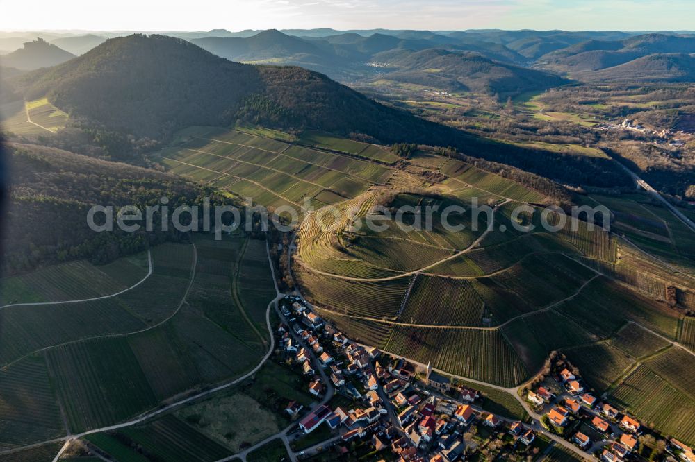 Birkweiler from the bird's eye view: Wineyards called Kastanienbusch near Village View of in Birkweiler in the state Rhineland-Palatinate