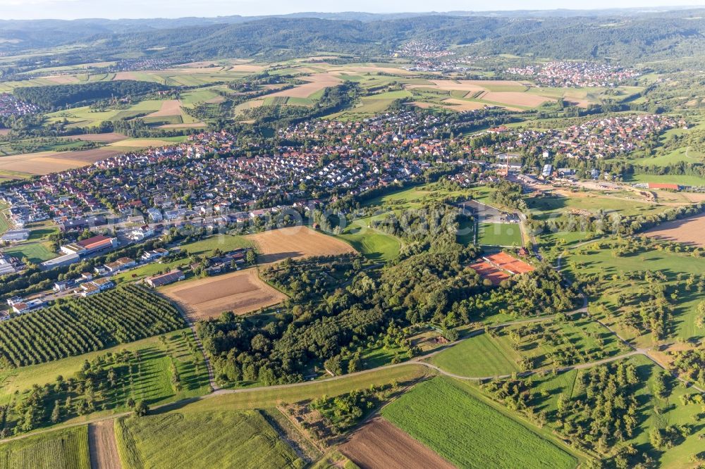 Weissach im Tal from above - Town View of the streets and houses of the residential areas in Weissach im Tal in the state Baden-Wurttemberg, Germany