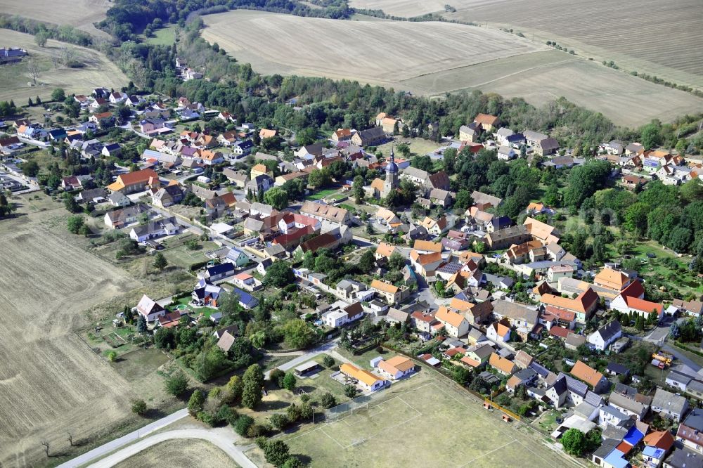 Weißenschirmbach from above - Town View of the streets and houses of the residential areas in Weissenschirmbach in the state Saxony-Anhalt, Germany
