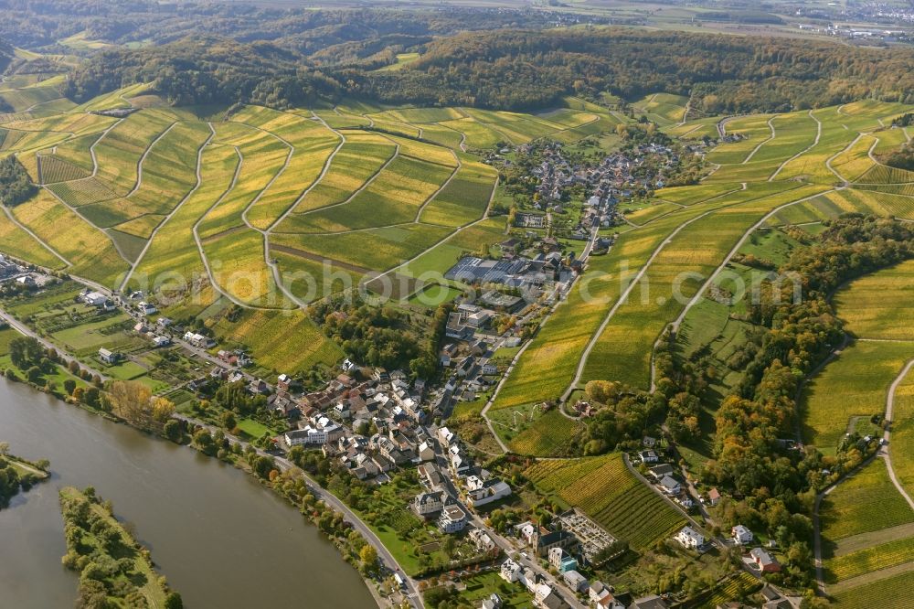 Wellenstein from the bird's eye view: ocal view of Wellenstein on the river Saar in the commune of Schengen in Luxembourg