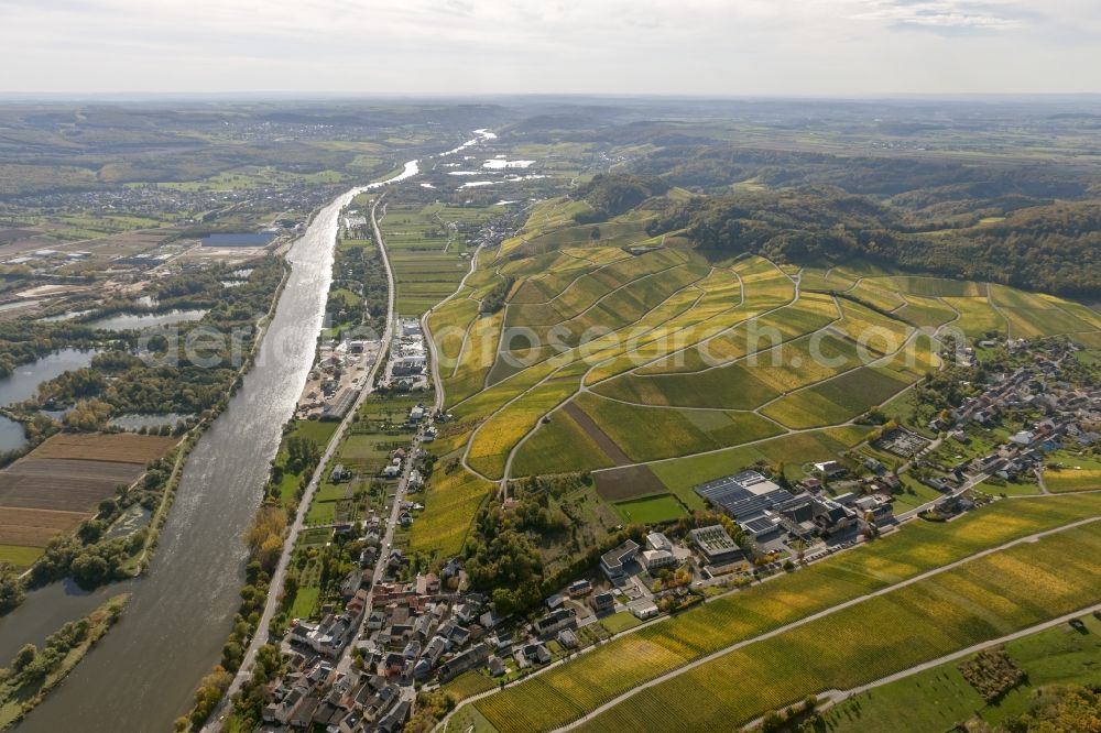 Wellenstein from the bird's eye view: ocal view of Wellenstein on the river Saar in the commune of Schengen in Luxembourg