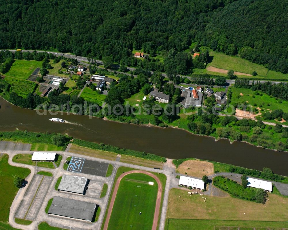 Hann. Münden from above - Town view of the streets and houses of the residential areas with Weser on Veckenhaeger Strasse in Hann. Muenden in the state of Lower Saxony, Germany