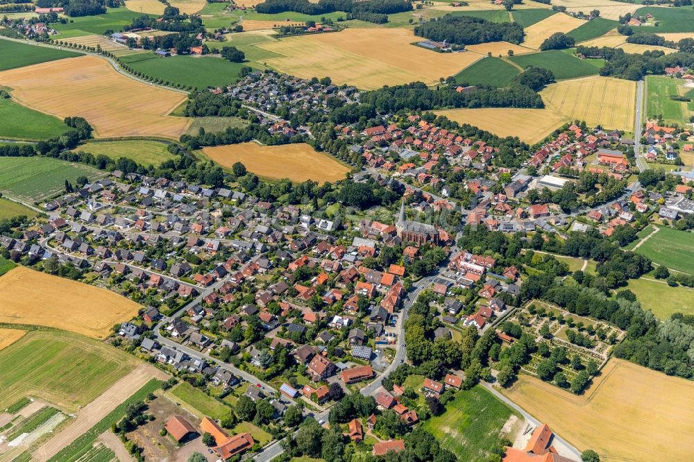 Westbevern from above - Town View of the streets and houses of the residential areas in Westbevern in the state North Rhine-Westphalia, Germany