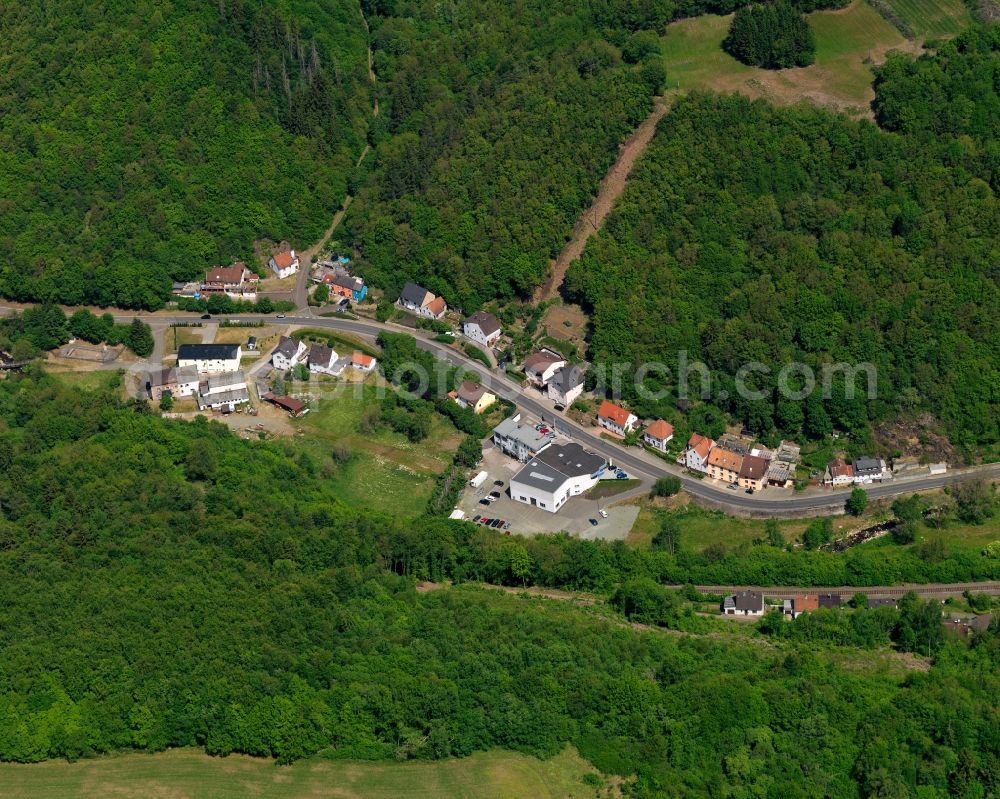 Aerial image Heimbach - View of Heimbach in the state of Rhineland-Palatinate. Heimbach is a borough and municipiality in the county district of Birkenfeld. The village is surrounded by hills, fields and vineyards and consists of several hamlets and residential areas. It sits in the valley of the river Nahe. A car dealership is located in the west of the village, on the Main Road and the Heimbach creek