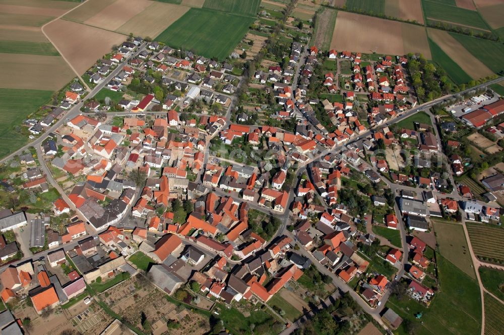 Wonsheim from the bird's eye view: Townscape of Wonsheim is a municipality in the district Alzey-Worms in Rhineland-Palatinate