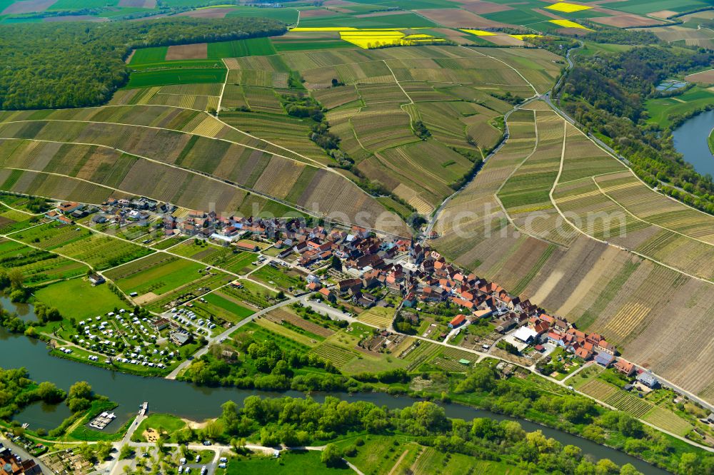 Aerial photograph Escherndorf - Town center on the edge of vineyards and wineries in the wine-growing area in Escherndorf in the state Bavaria, Germany