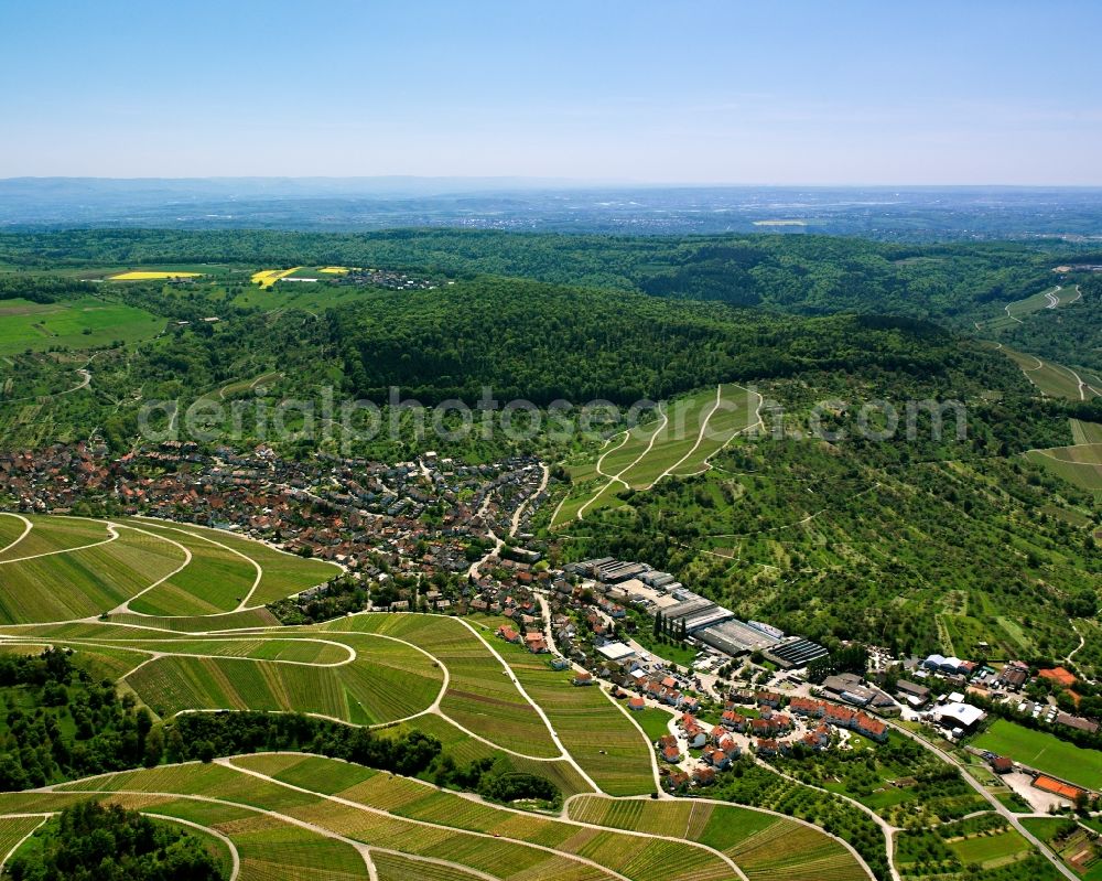 Strümpfelbach from above - Town center on the edge of vineyards and wineries in the wine-growing area in Strümpfelbach in the state Baden-Wuerttemberg, Germany