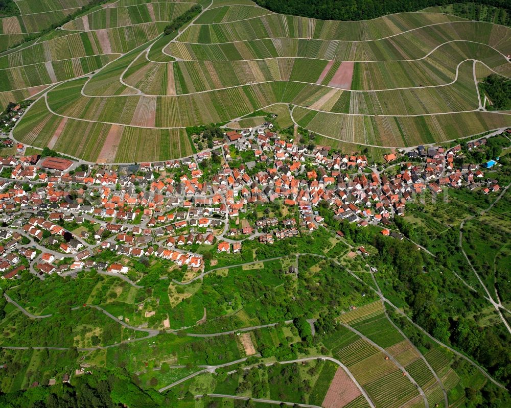 Strümpfelbach from above - Town center on the edge of vineyards and wineries in the wine-growing area in Strümpfelbach in the state Baden-Wuerttemberg, Germany