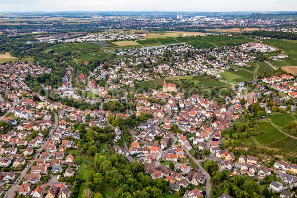 Talheim from the bird's eye view: Town center on the edge of vineyards and wineries in the wine-growing area in Talheim in the state Baden-Wuerttemberg, Germany