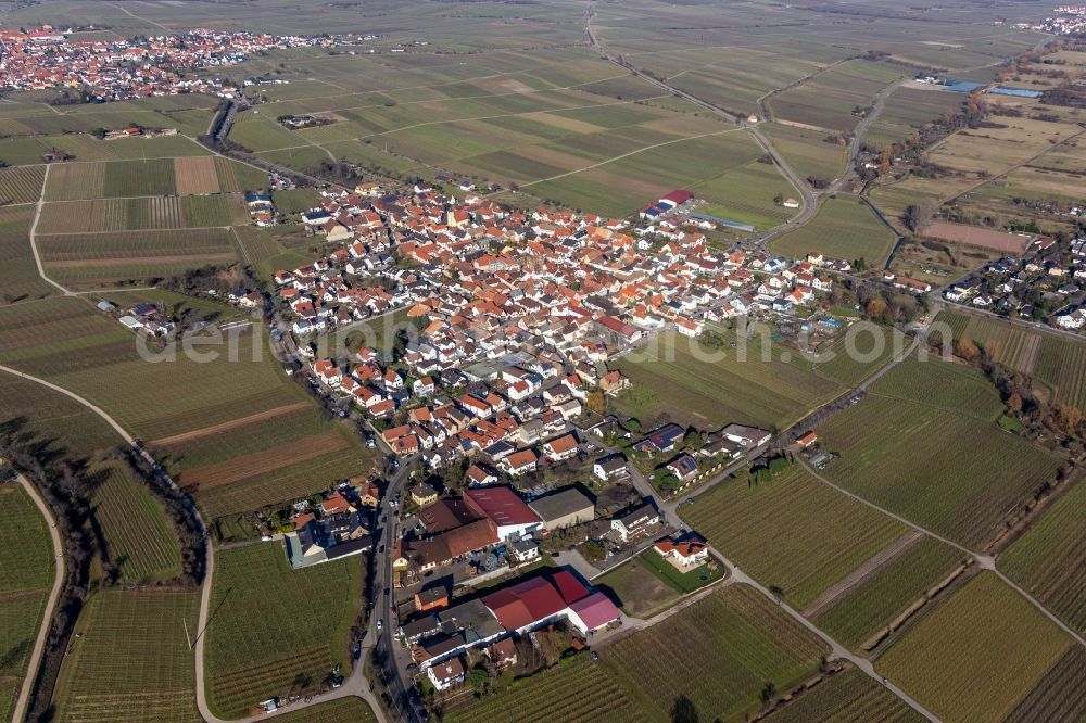 Aerial image Ungstein - Town center on the edge of vineyards and wineries in the wine-growing area in Ungstein in the state Rhineland-Palatinate, Germany