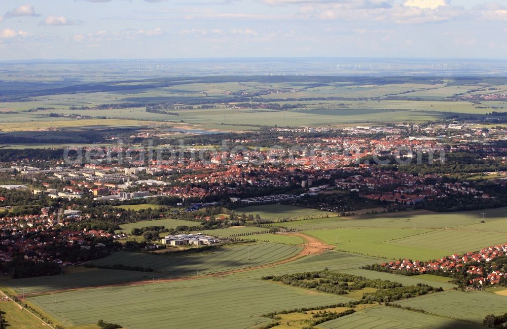 Aerial photograph Gotha - The county town of Gotha is located at the southern edge of the Thuringian Basin in the state of Thuringia. Shaped the location is the Friedenstein castle and the surrounding english garden. The towers of Saint Margaret's Church and the historic town hall tower over the city's rooftops