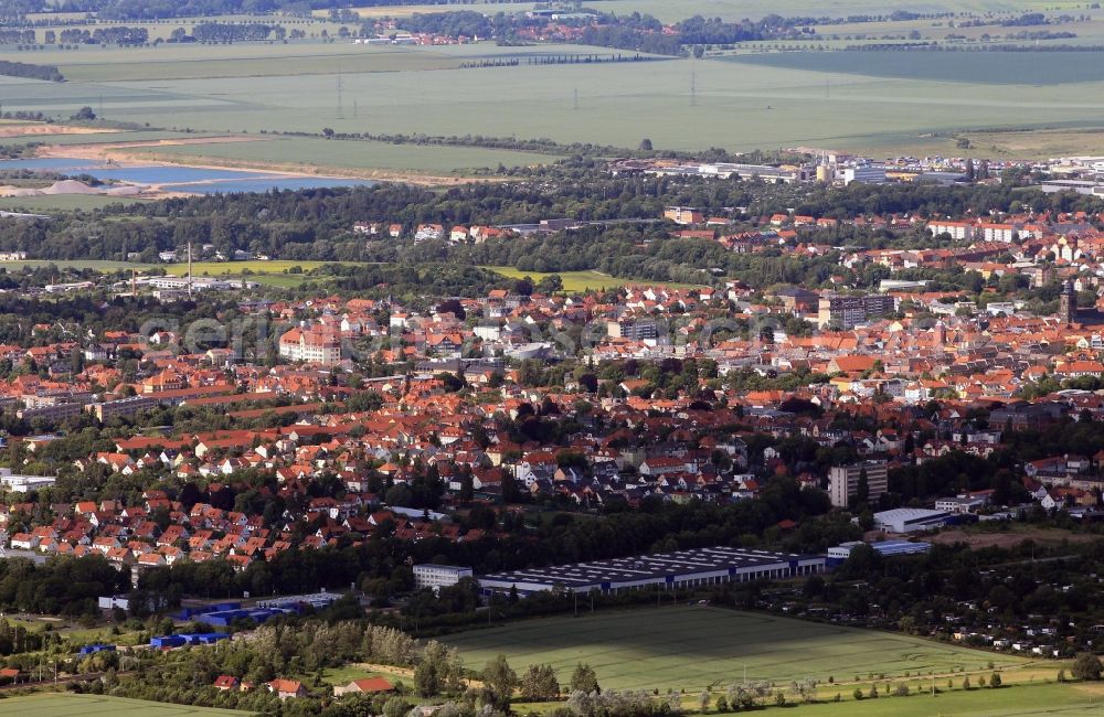 Gotha from above - The county town of Gotha is located at the southern edge of the Thuringian Basin in the state of Thuringia. Shaped the location is the Friedenstein castle and the surrounding english garden. The towers of Saint Margaret's Church and the historic town hall tower over the city's rooftops