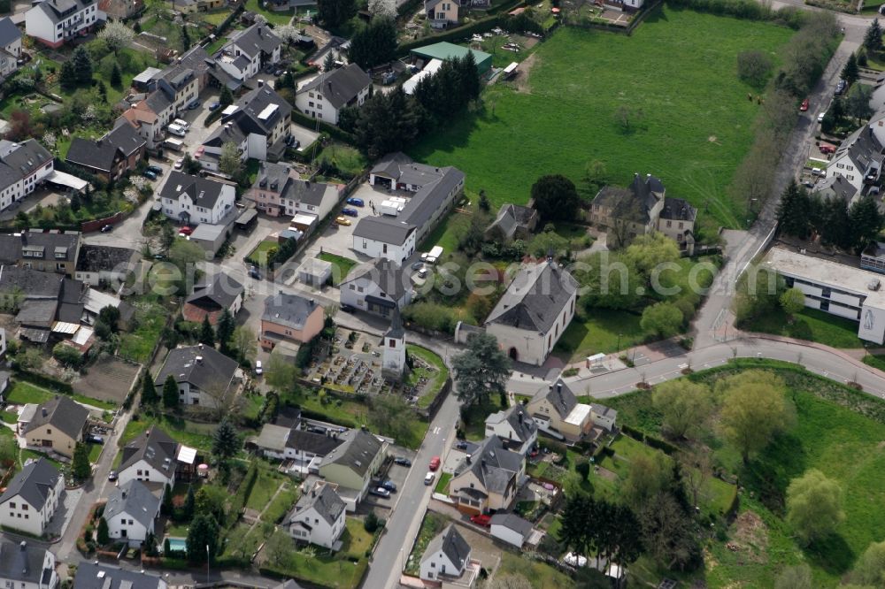 Aerial photograph Trier Irsch - The local district Irsch with family houses, church, meadows and elementary school in Trier in Rhineland-Palatinate