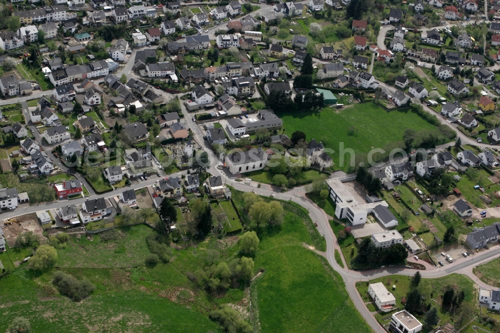 Trier Irsch from above - The local district Irsch with family houses, church, meadows and elementary school in Trier in Rhineland-Palatinate