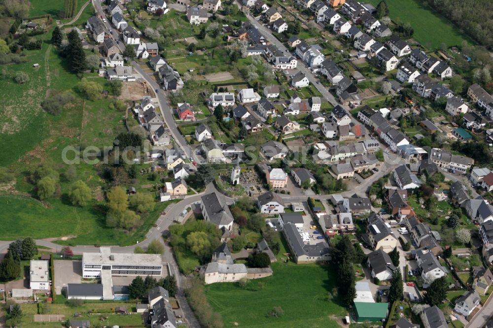 Aerial photograph Trier Irsch - The local district Irsch with family houses, church, meadows and elementary school in Trier in Rhineland-Palatinate