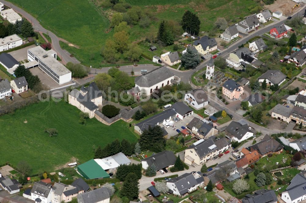 Aerial image Trier Irsch - The local district Irsch with family houses, church, meadows and elementary school in Trier in Rhineland-Palatinate