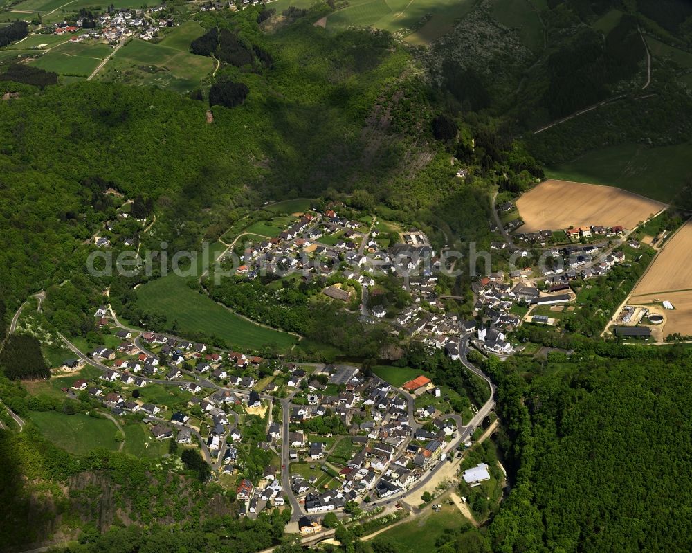 Schuld from the bird's eye view: Town on the banks of the river of Ahr in Schuld in the state Rhineland-Palatinate, Germany