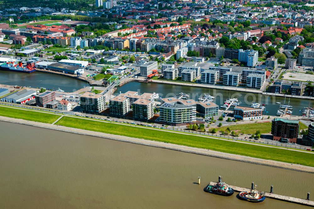 Bremerhaven from above - Town on the banks of the river on street Am Strom in Bremerhaven in the state Bremen, Germany