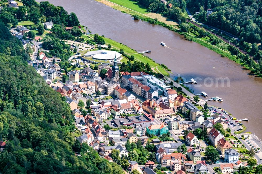 Bad Schandau from the bird's eye view: Town on the banks of the river Elbe in Bad Schandau in the state Saxony, Germany