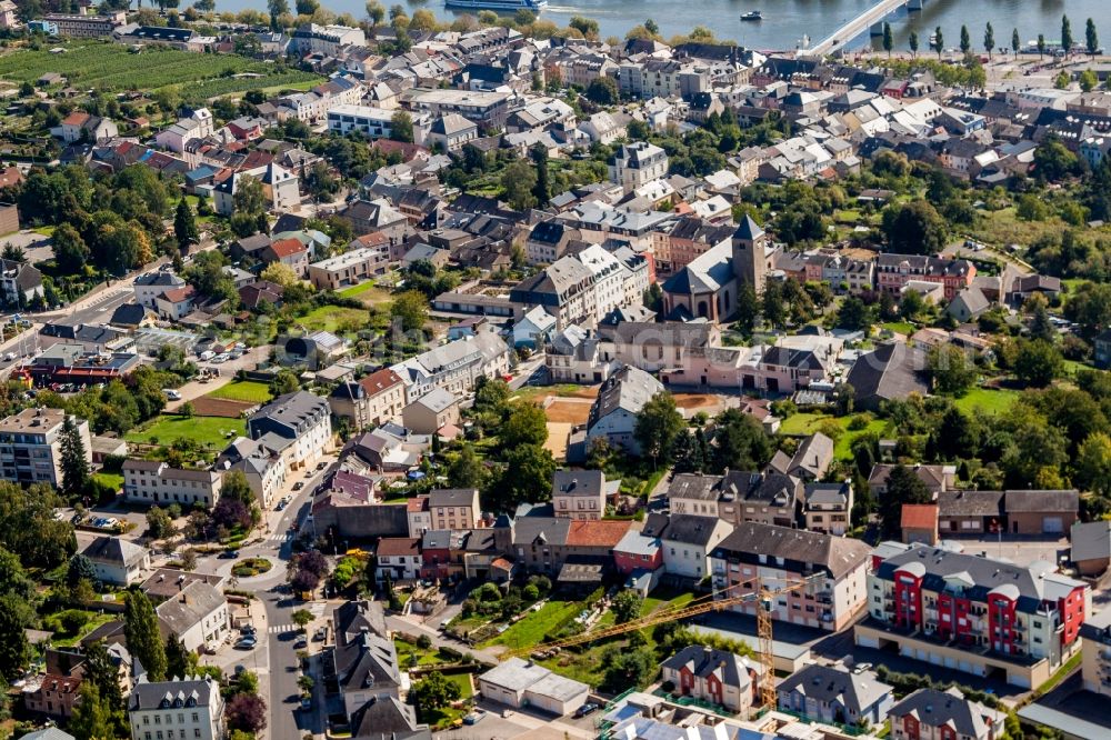 Aerial image Remich - Town on the banks of the river of the river Mosel in Remich in Grevenmacher, Luxembourg