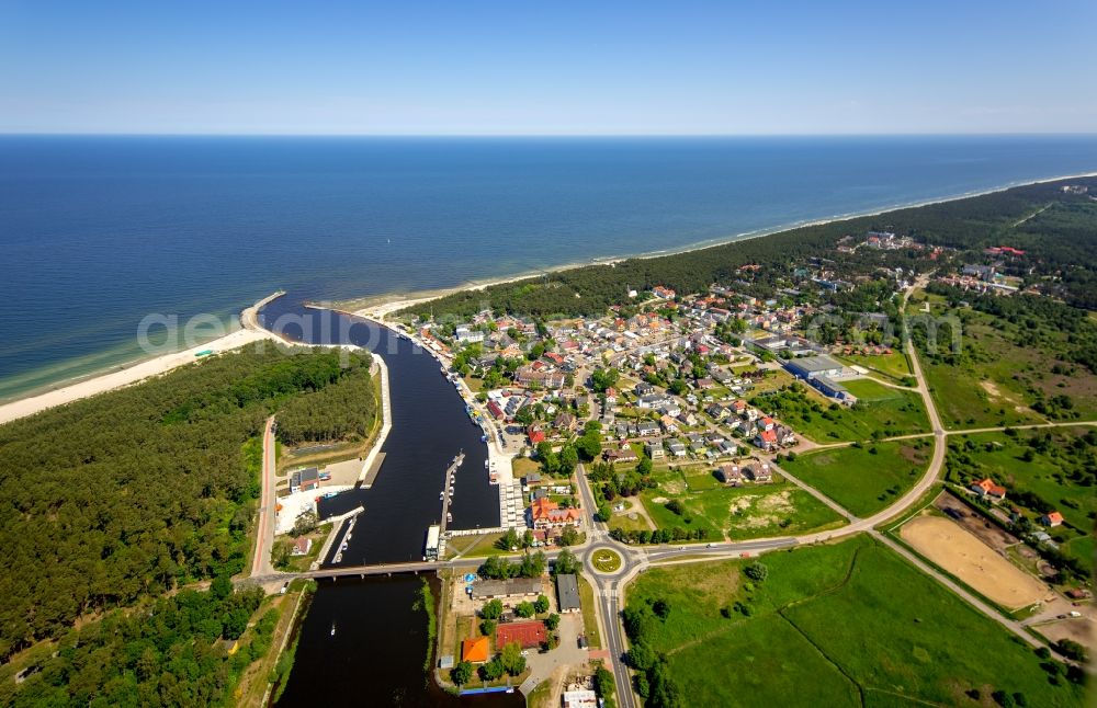 Aerial image Mrzezyno - Town on the banks of the river Rega in Mrzezyno in West Pomerania, Poland