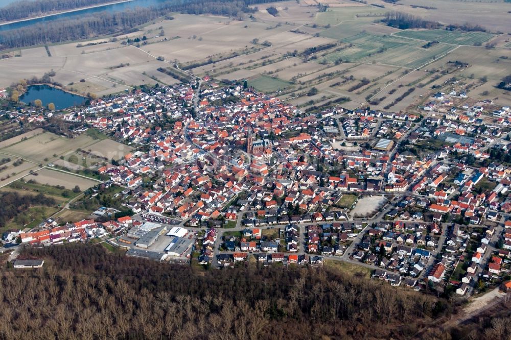 Philippsburg from above - Town on the banks of the river of the Rhine river in the district Rheinsheim in Philippsburg in the state Baden-Wuerttemberg, Germany