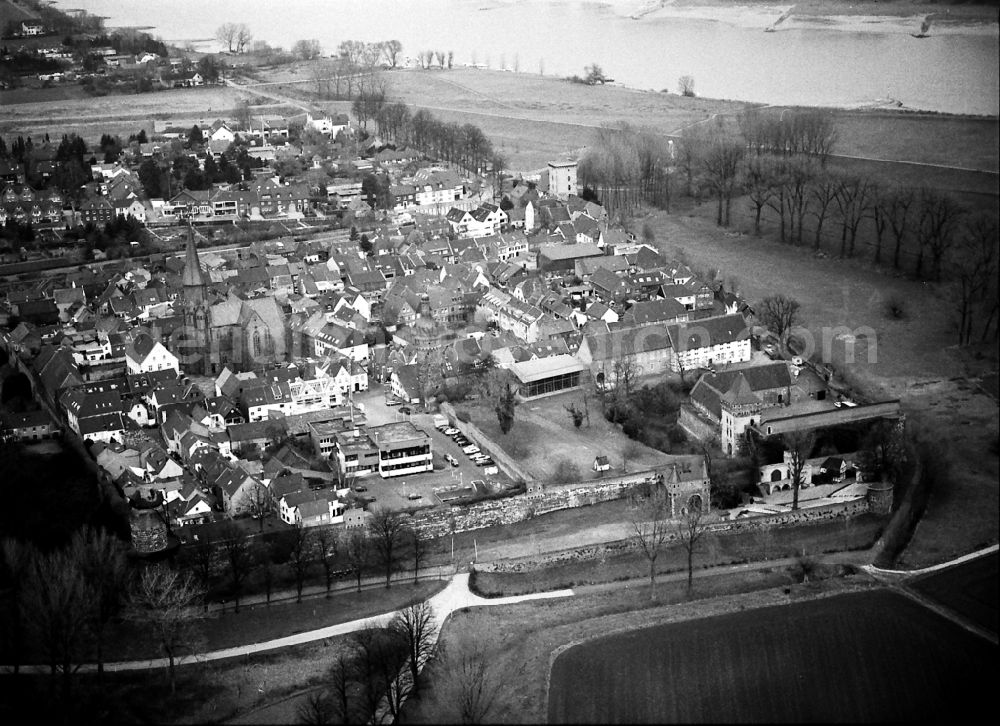 Zons from above - Town on the banks of the river of the Rhine river in Zons in the state North Rhine-Westphalia, Germany