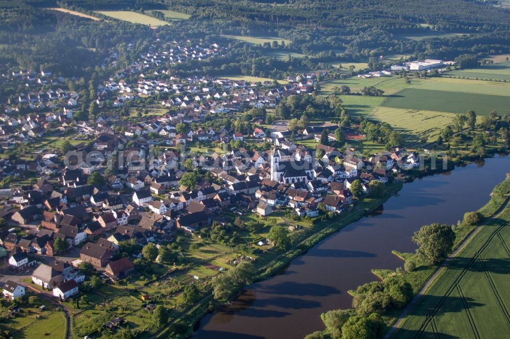 Höxter from above - Town on the banks of the river of the Weser river in the district Luechtringen in Hoexter in the state North Rhine-Westphalia, Germany