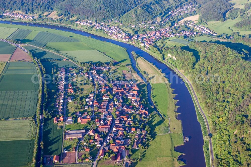 Pegestorf from above - Town on the banks of the river of the Weser river in Pegestorf in the state Lower Saxony, Germany