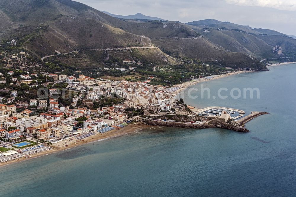 Sperlonga from above - Sperlonga town with the tower Torre Truglia at the yacht harbor on the Mediterranean coast in Italy