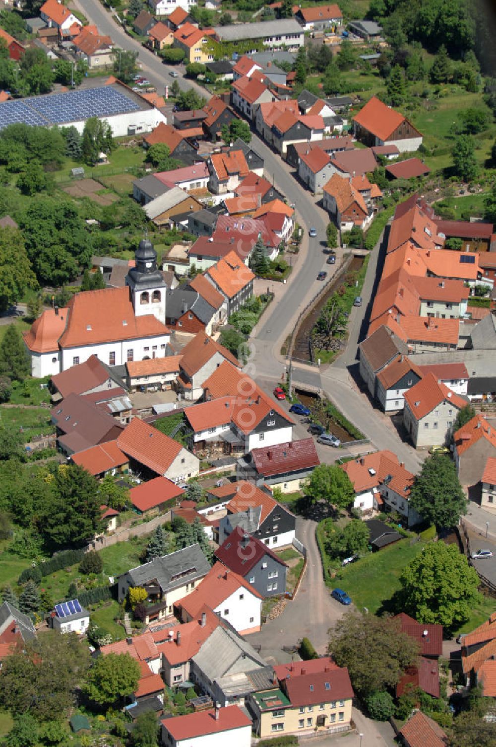 Tabarz from above - Street Langenhainer Strasse in the small town Tabarz with the village Church in Thuringia