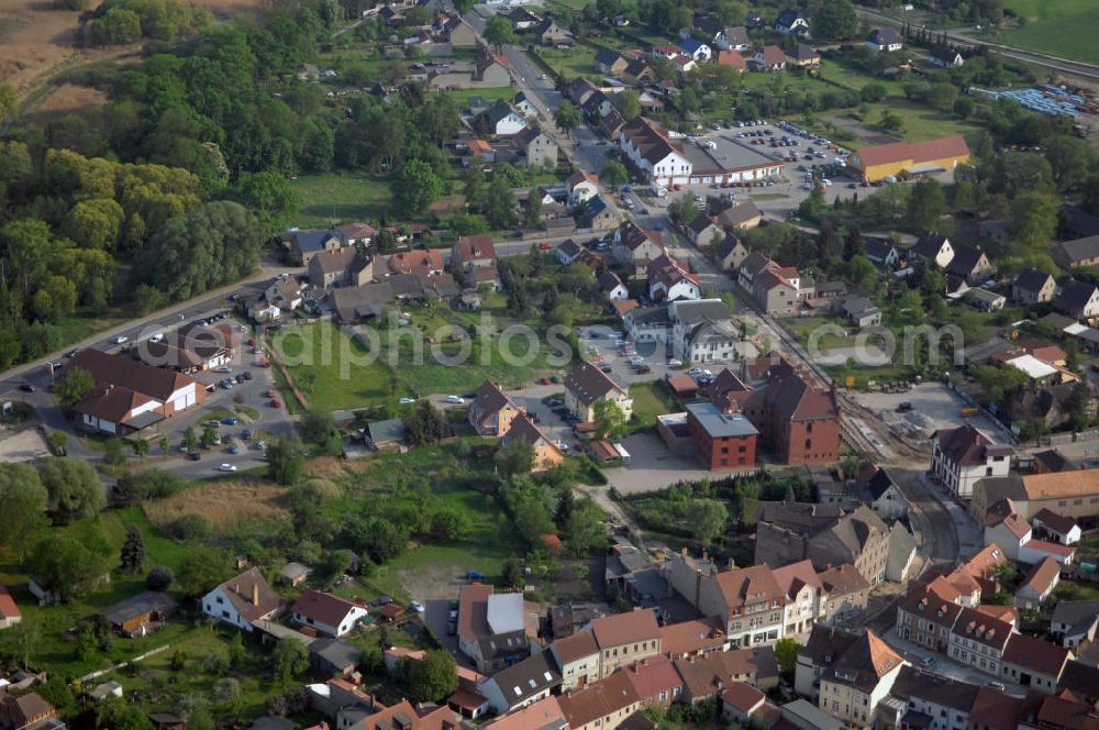 STORKOW from the bird's eye view: Blick auf die Baustelle zur Ortsdurchfahrung der Bundesstrasse B 246 in Storkow. Landesbetrieb Straßenwesen Brandenburg (