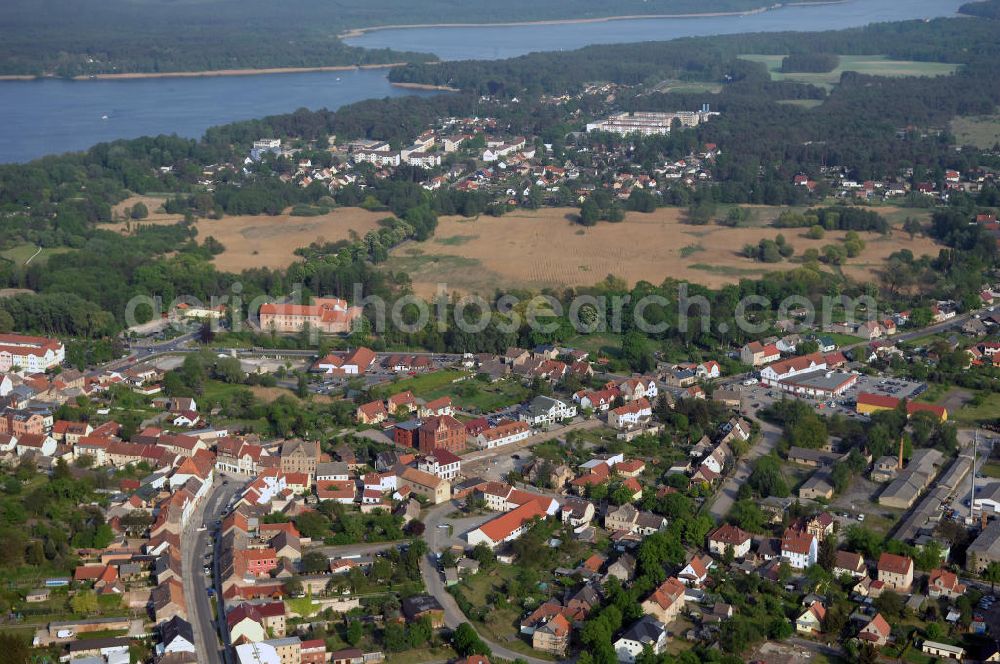 STORKOW from the bird's eye view: Blick auf die Baustelle zur Ortsdurchfahrung der Bundesstrasse B 246 in Storkow. Landesbetrieb Straßenwesen Brandenburg (