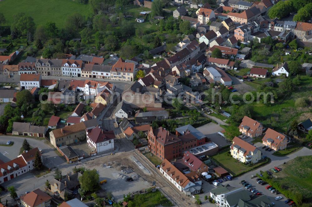 STORKOW from the bird's eye view: Blick auf die Baustelle zur Ortsdurchfahrung der Bundesstrasse B 246 in Storkow. Landesbetrieb Straßenwesen Brandenburg (