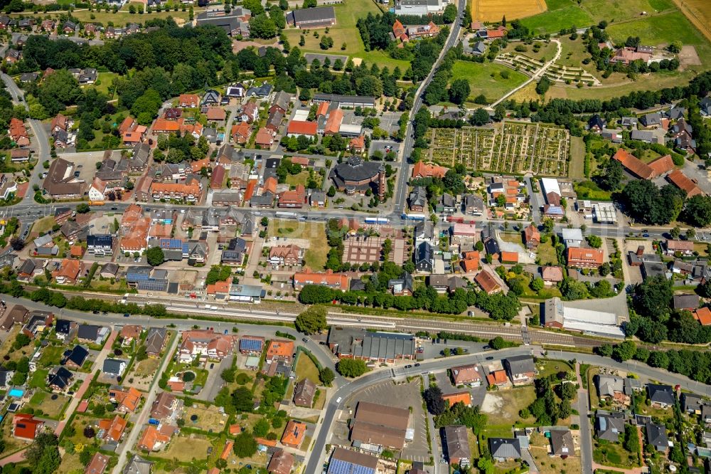 Aerial image Beelen - Town centre at Beelen station in Beelen in the federal state of North Rhine-Westphalia, Germany