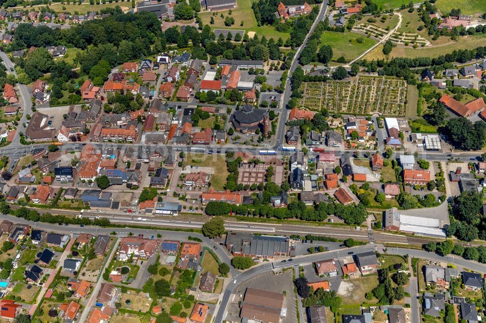 Aerial photograph Beelen - Town centre at Beelen station in Beelen in the federal state of North Rhine-Westphalia, Germany