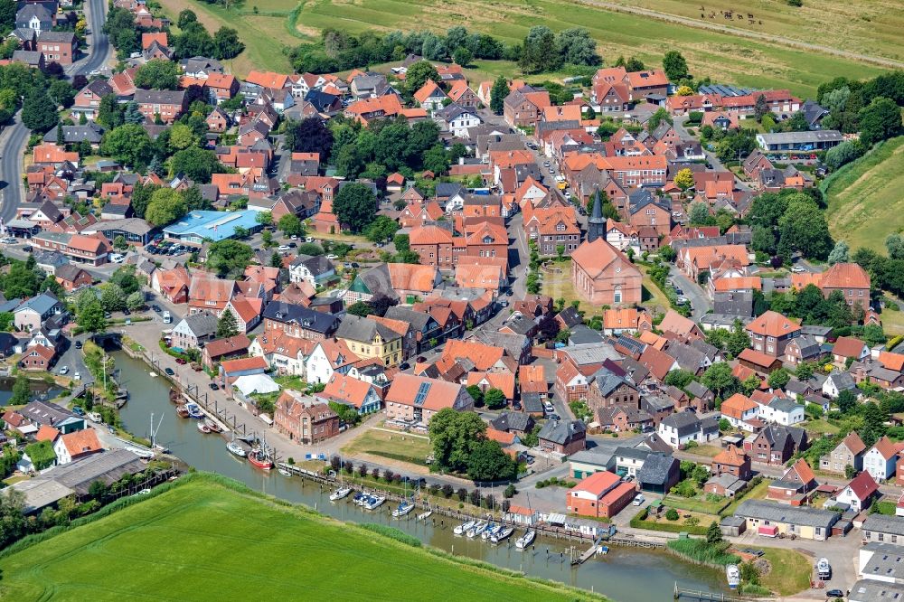 Aerial image Freiburg (Elbe) - Town center with harbor and church in Freiburg (Elbe) in the state Lower Saxony, Germany