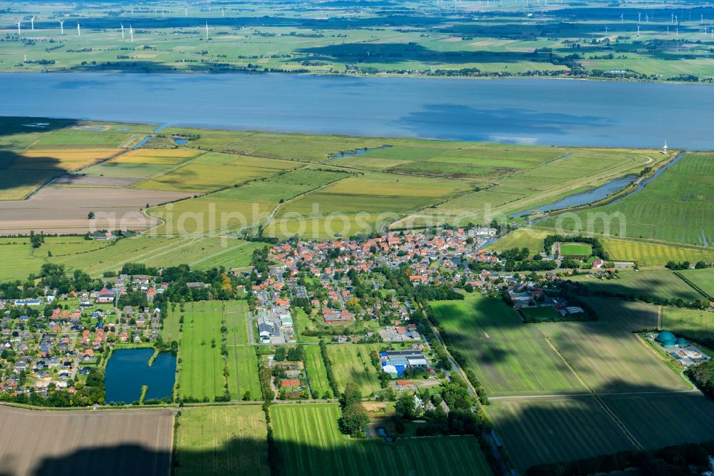 Freiburg (Elbe) from the bird's eye view: Town center with harbor and church in Freiburg (Elbe) in the state Lower Saxony, Germany